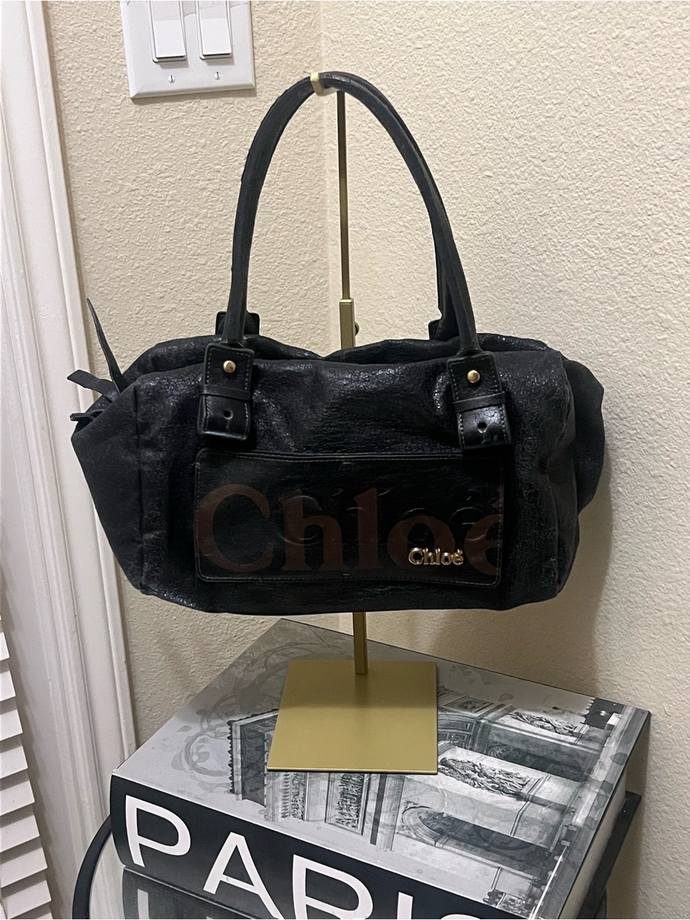Chloe Black Satchel with Logo Plaque